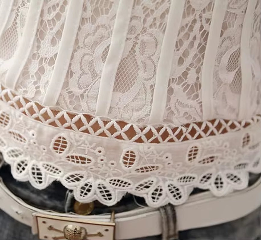 Ladies White Lace Blouse Short Sleeve Stand Collar Women Tops Elegant Patchwork Crochet Women Shirt plus Size Blusas Mujer 01C