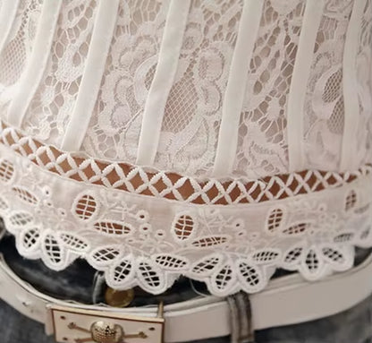 Ladies White Lace Blouse Short Sleeve Stand Collar Women Tops Elegant Patchwork Crochet Women Shirt plus Size Blusas Mujer 01C