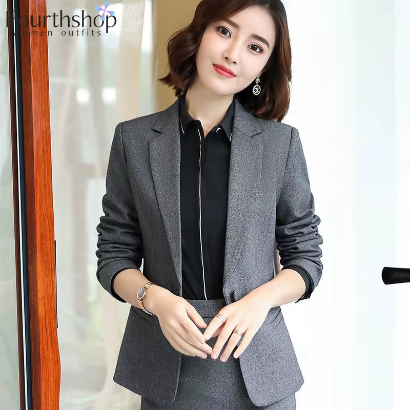 Two Piece Set Women Business Suits Black and Grey Elegant Office Lady Work Formal Pants Suits Female Autumn Winter Clothes 2023
