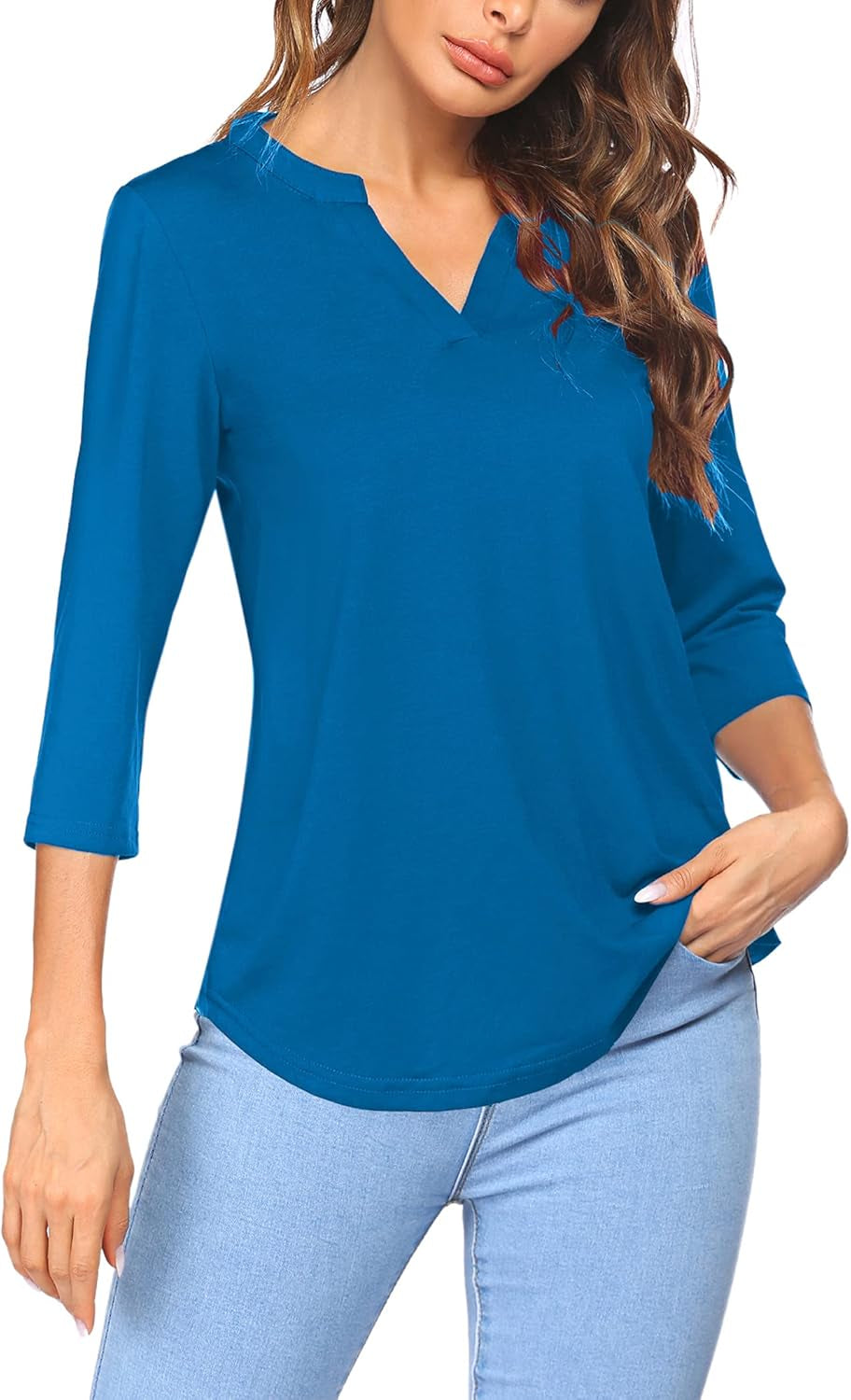 Women'S 3/4 Sleeve Shirts V Neck Casual Henley Work Tops Blouses