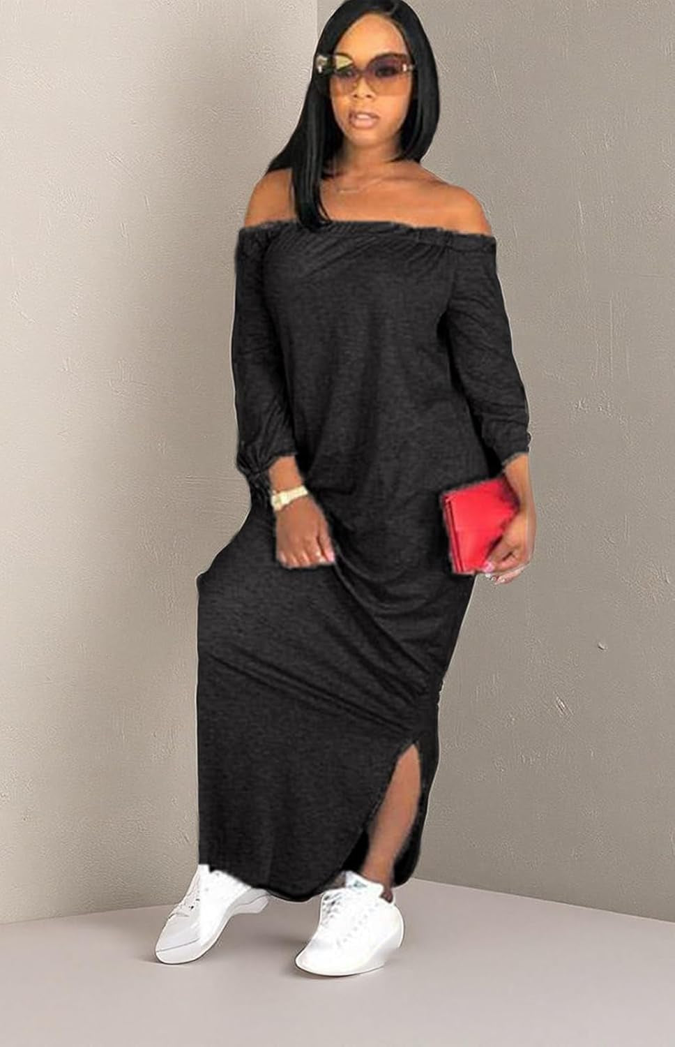 Women'S Casual Letter Print off Shoulder Long Sleeve Bowknot Sides Slit Loose Long T-Shirt Maxi Dress