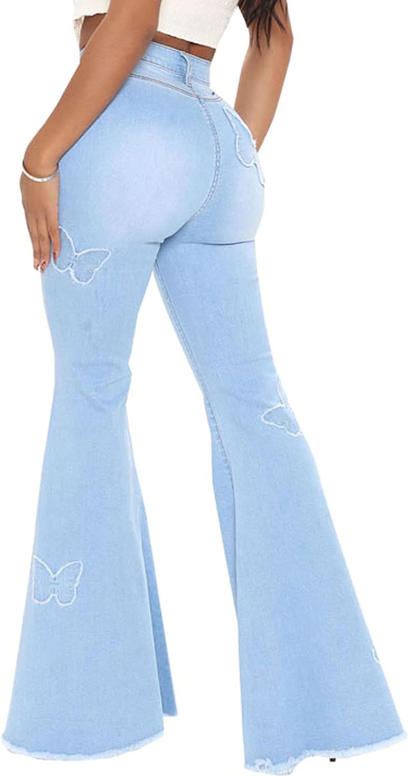 Bell Bottom Jeans for Women Butterfly Embroidery High Waisted Flare Jeans Ripped Hole Classic Denim Flare Pants