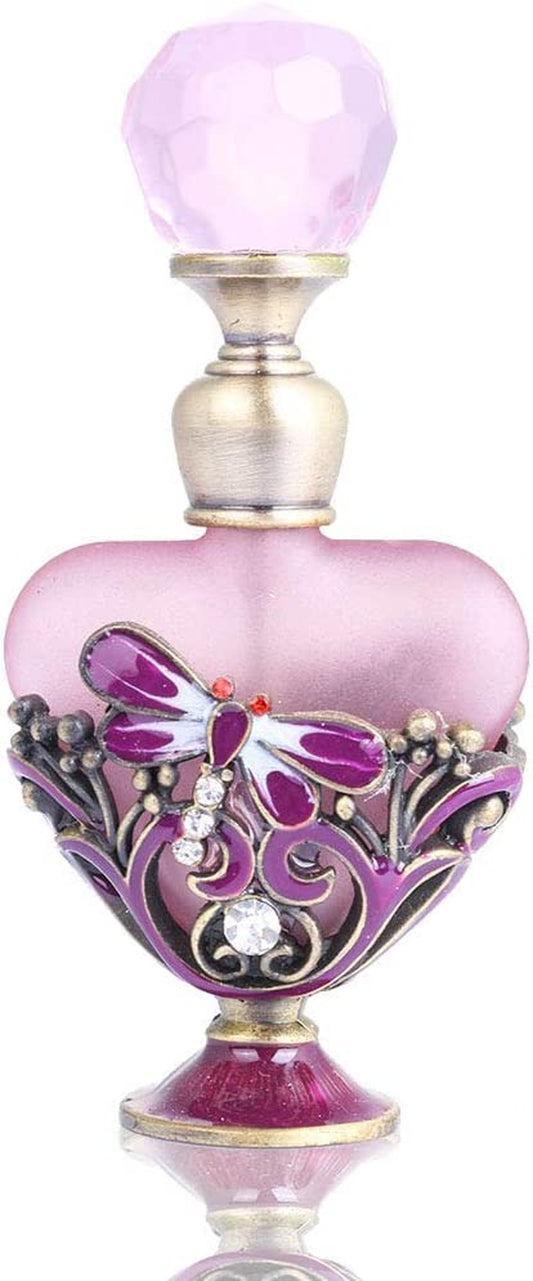 Vintage Dragonfly Pewter and Glass Perfume Bottle with Diamand, Empty Refillable Mini Perfume Bottle