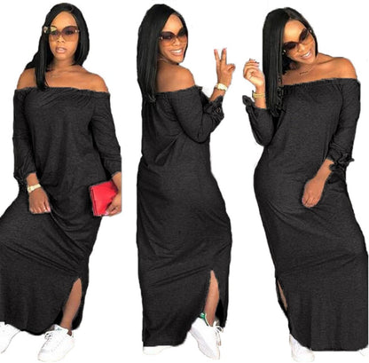 Women'S Casual Letter Print off Shoulder Long Sleeve Bowknot Sides Slit Loose Long T-Shirt Maxi Dress