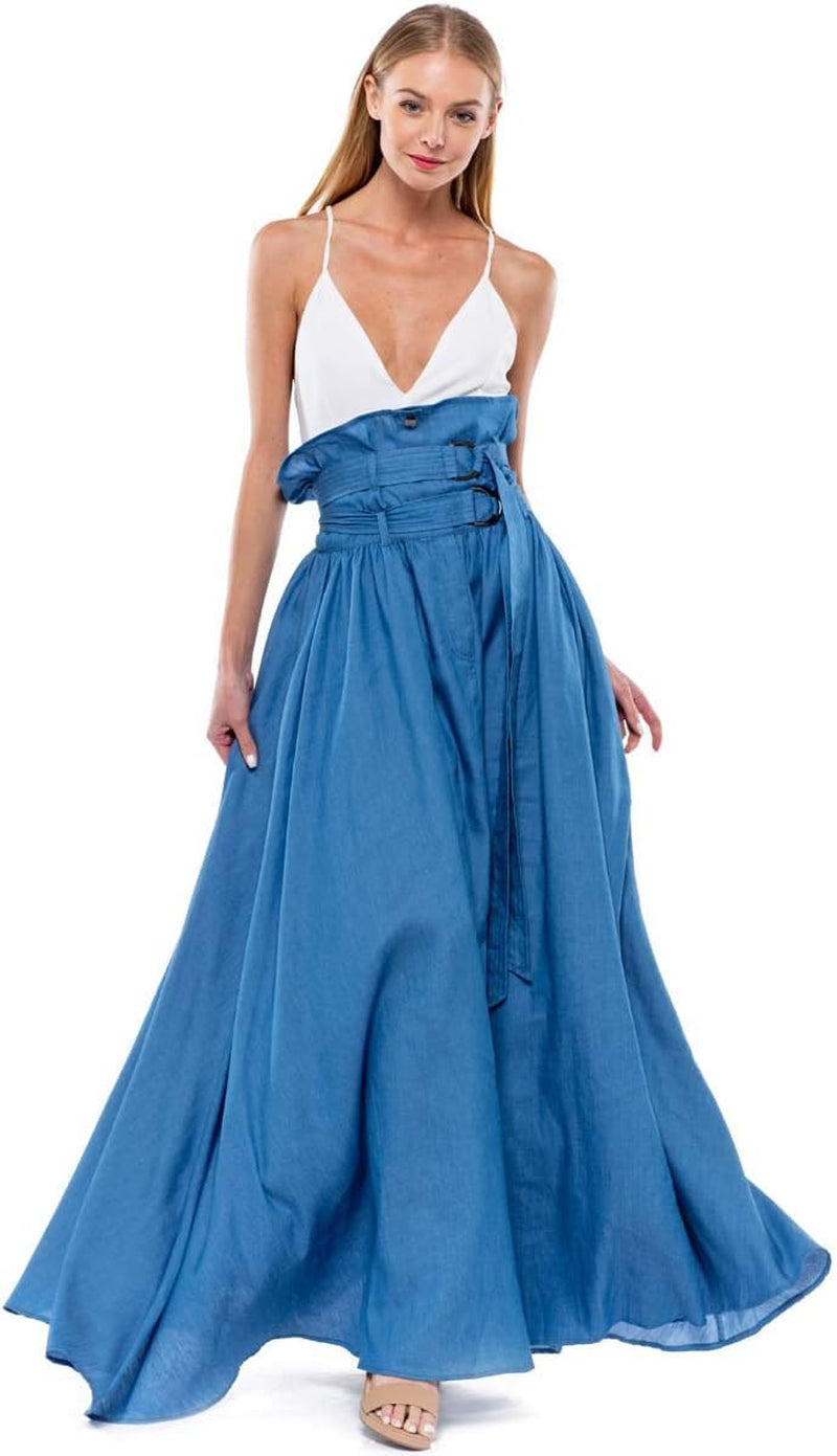 Women'S Double Belted High Waist Maxi Jean Skirt