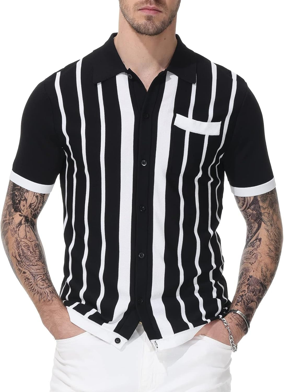 Mens Polo Shirts Vintage Striped Button down Knitted Golf Shirts