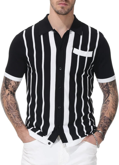 Mens Polo Shirts Vintage Striped Button down Knitted Golf Shirts