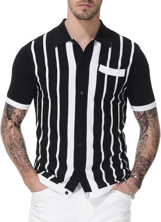 Mens Polo Shirts Vintage Striped Button down Knitted Golf Shirts