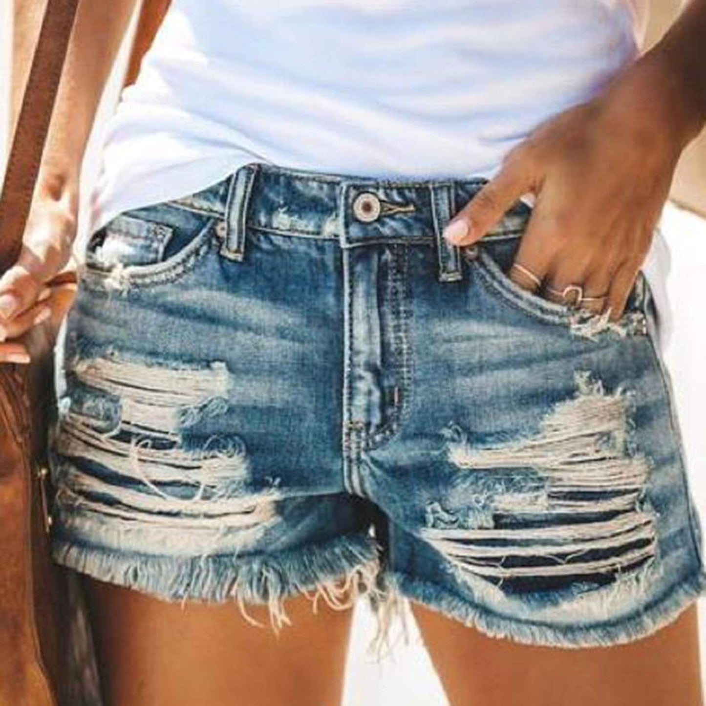 Denim Shorts for Women Summer Retro Ripped Jean Sexy Slim Hole Street Zipper Closure, Blue, Medium