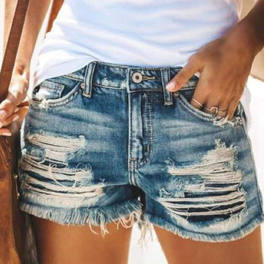 Denim Shorts for Women Summer Retro Ripped Jean Sexy Slim Hole Street Zipper Closure, Blue, Medium