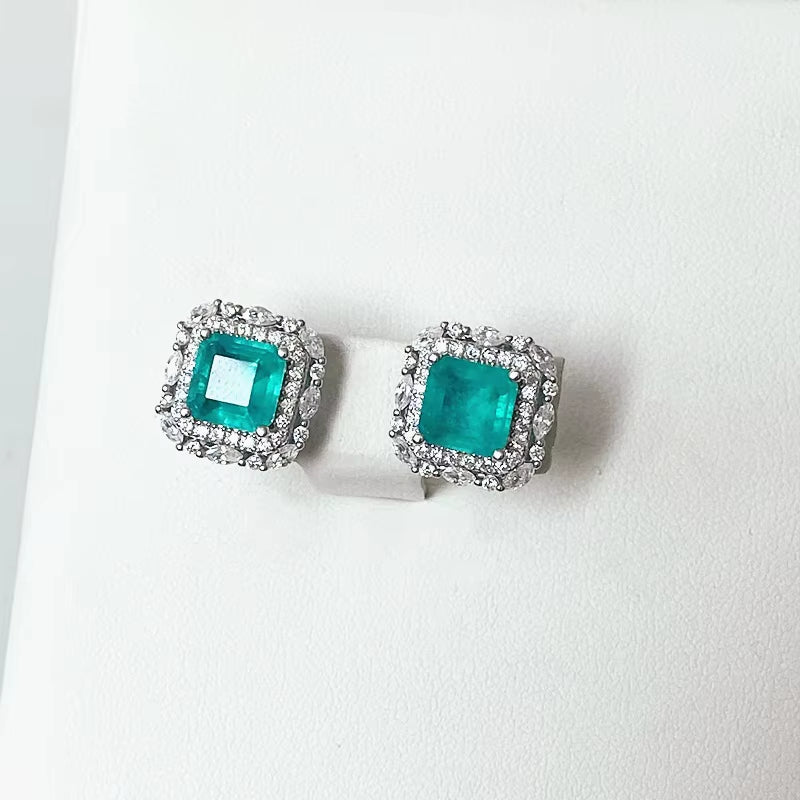 Wholesale  Brand 100% 925 Sterling Silver Paraiba Tourmaline Gemstone Birthstone Ear Studs Earrings Ladies Fine Jewelry