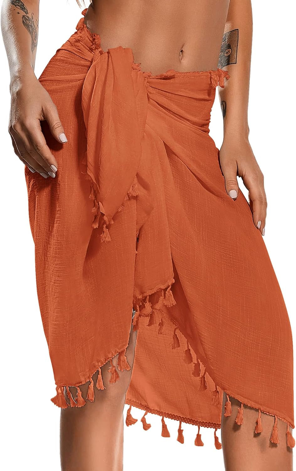 Beach Sarong Pareo Womens Semi-Sheer Swimwear Cover Ups Short Skirt with Tassels