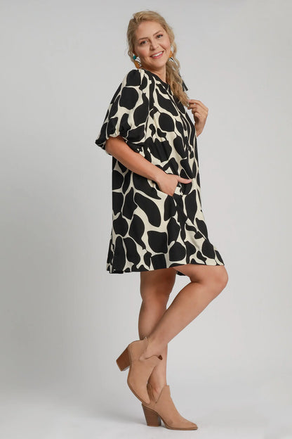 Umgee Full Size Two Tone Abstract Print Puff Sleeve Dress plus Size