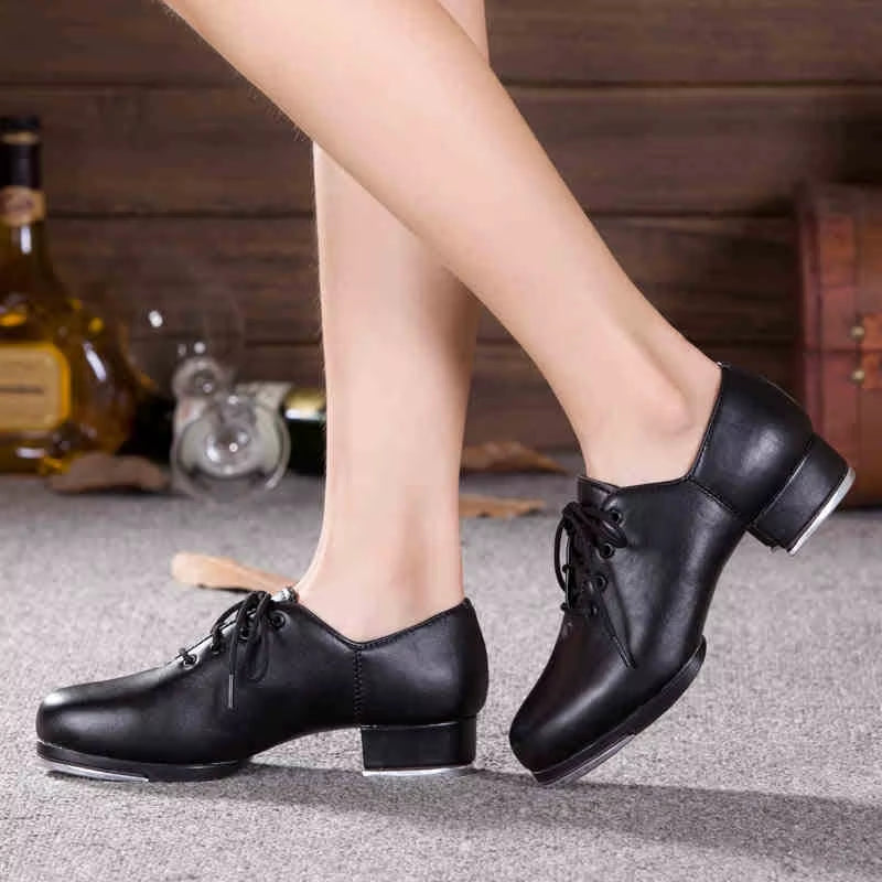 Genuine Leather Adult Tap Dance Shoes Men Women Kicked Shoes Sports Leather Soft Bottom High-Impact Aluminum Plate Black Shoe