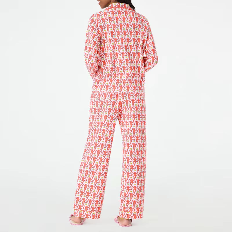 Cartoon Monkey Long Sleeves Blouse Shirt + Elastic Pants Women 2 Piece Pajama Set for Loungewear Comfy Sleepwear Vintage Outfits