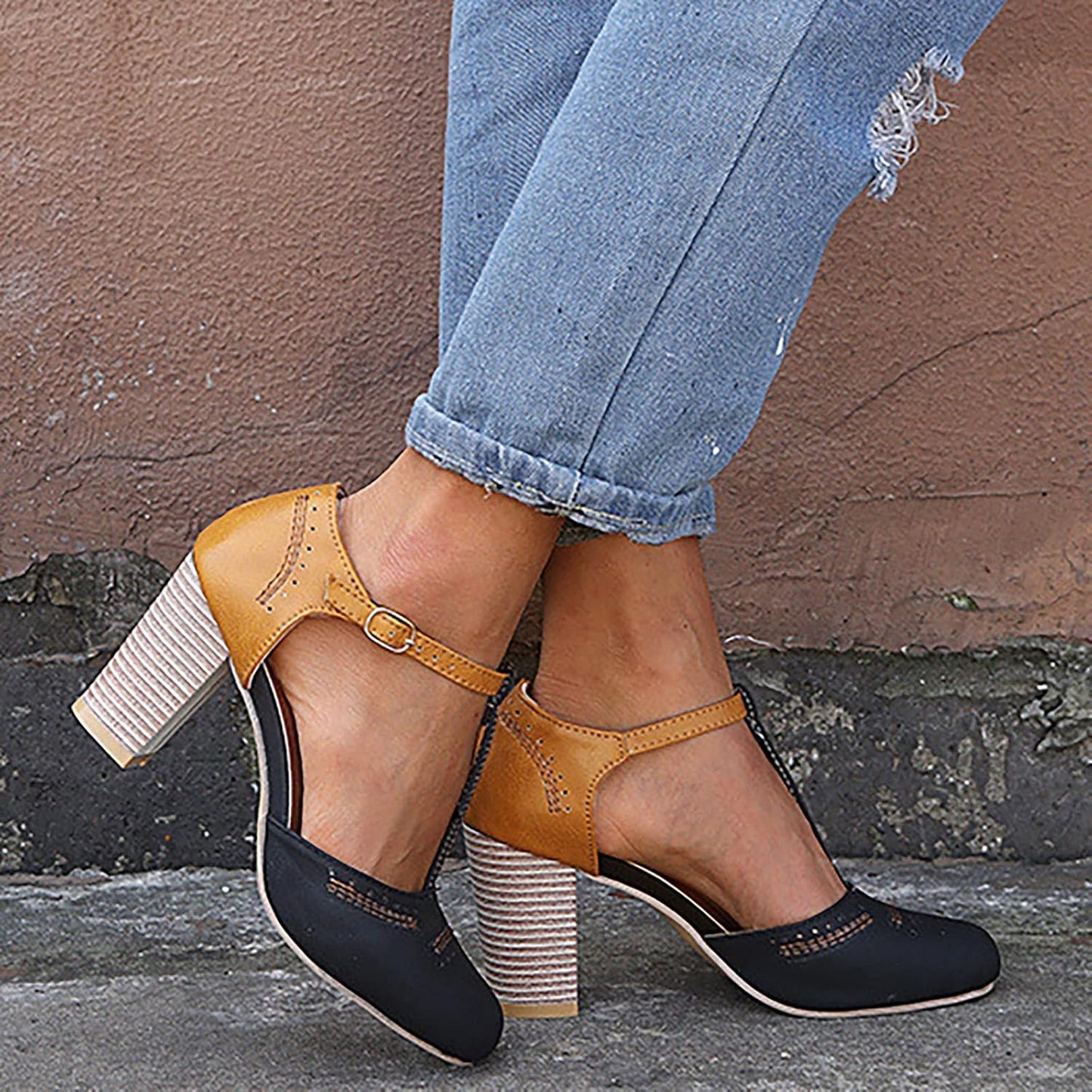 Women'S Classy Mary Janeclassic T-Strap Platform Mid-Heel Square Toe Oxfords High Heel Pumps New Dress Shoes