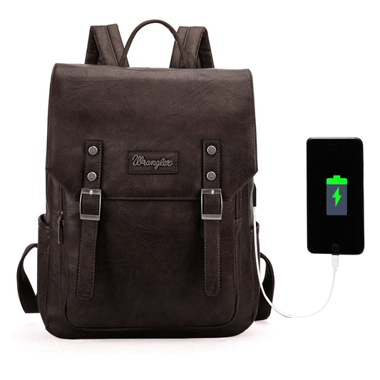 Wrangler Backpack Purse for Womens, Waterproof Vegan Leather Travel Backpacks Handbags for Man, Ladies Casual Shoulder Bags with USB Charging Port