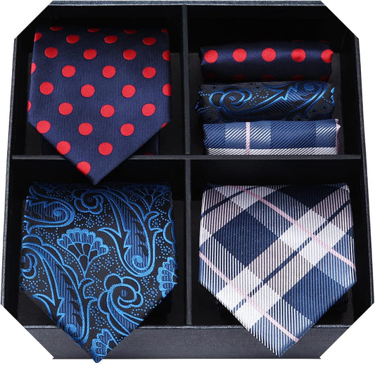 Mens Ties and Pocket Square Set Business Elegant Ties for Men Classic Lot 3 Pcs Wedding Party Neckties & Handkerchief