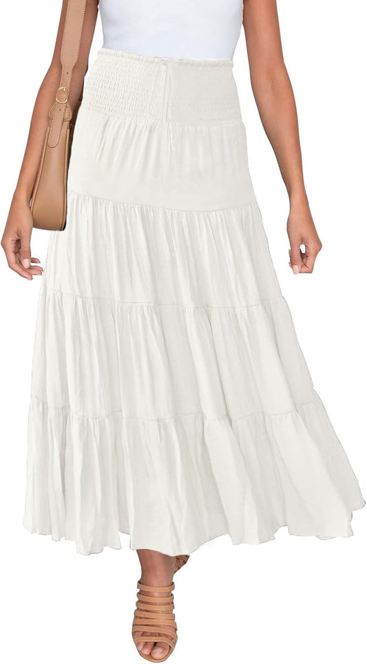 Women'S Summer Flowy Boho Maxi Skirt Trendy Drawstring Elastic High Waist Pleated Tiered a Line Beach Long Skirts