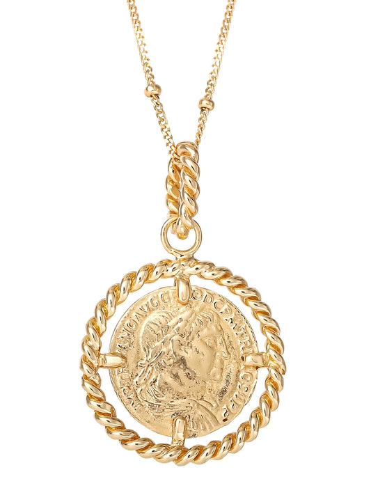 Women’S Gold Plated Sterling Silver Coin Pendant, 18” Beaded Chain