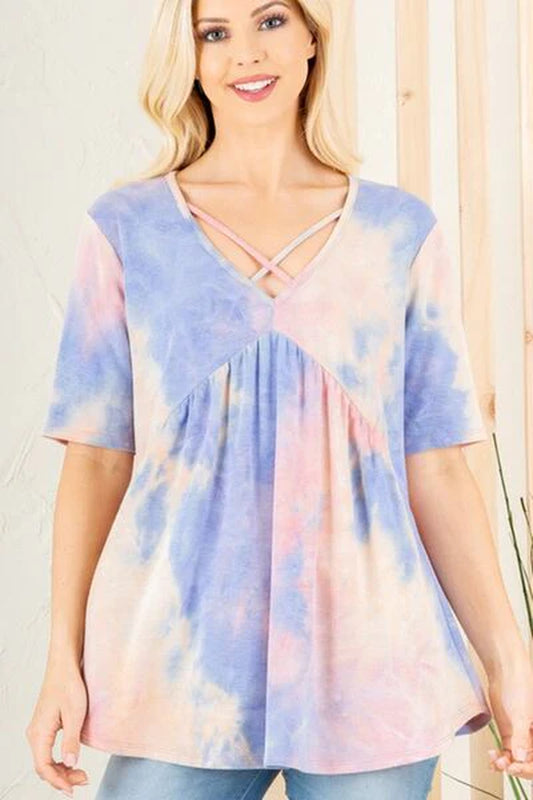 Heimish Full Size Crisscross Tie Dye Babydoll Top plus Size