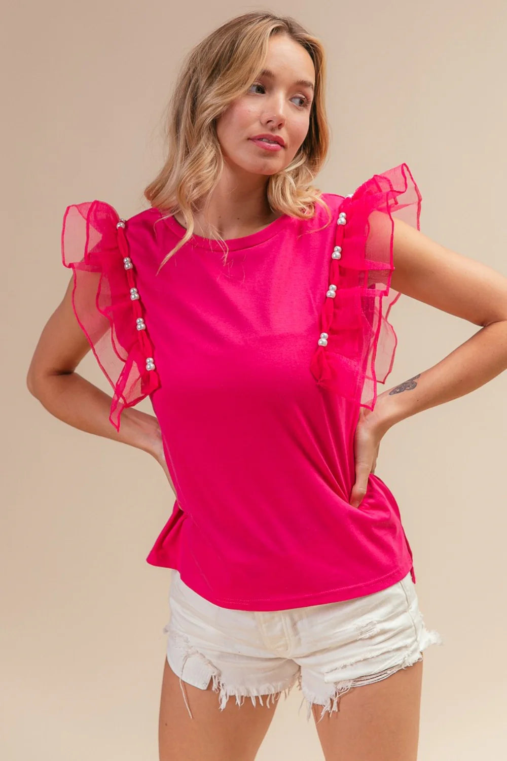 Bibi Pearl Decor Mesh Ruffle Sleeve Top
