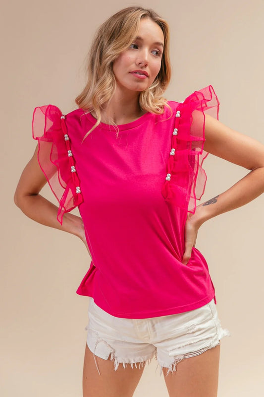 Bibi Pearl Decor Mesh Ruffle Sleeve Top