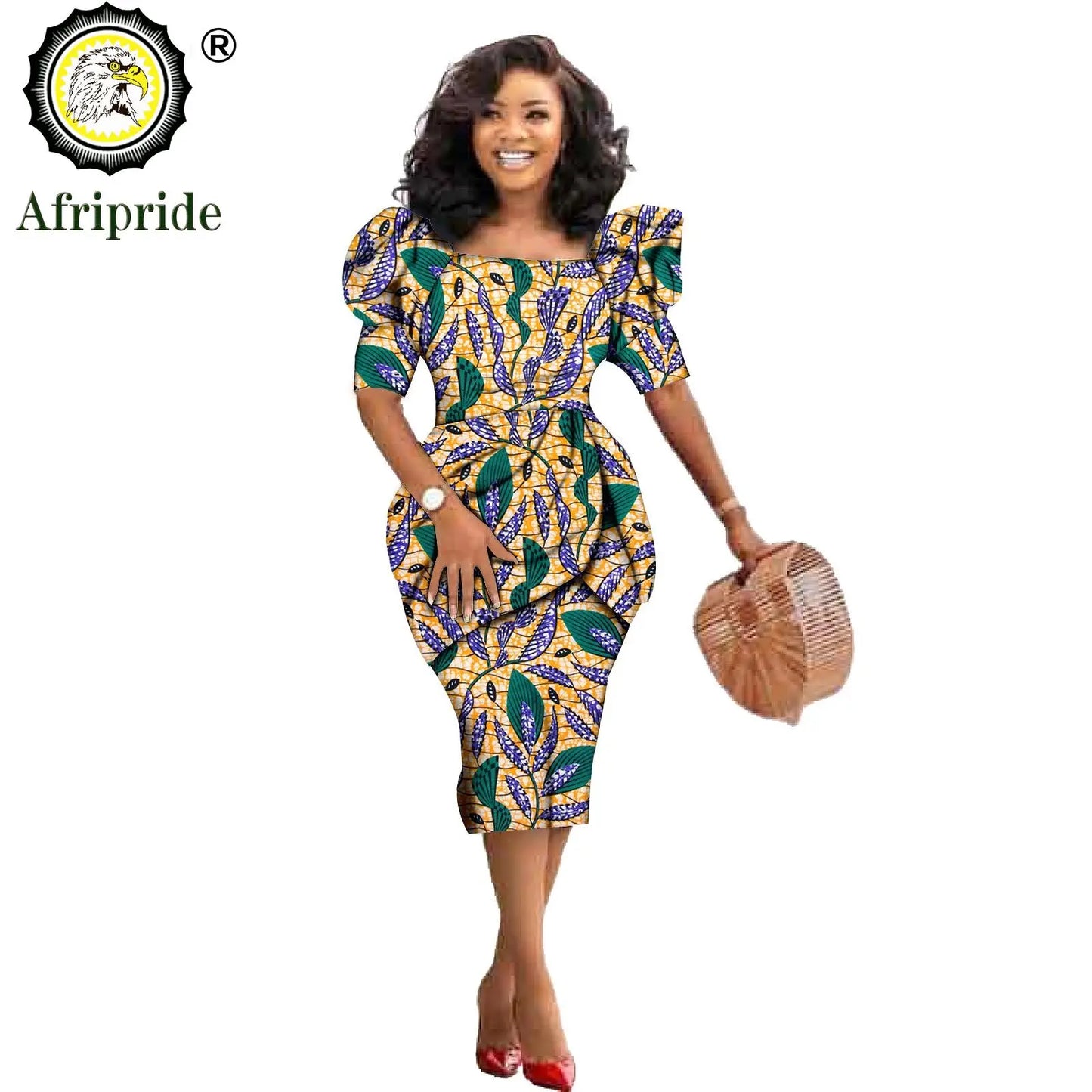 African Ankara Dresses for Women Dashiki Dress Bodycon Dress Print Wax Batik Short Sleeve Party Midi Dress for Lady S2025060