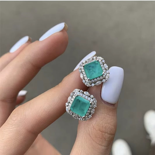Wholesale  Brand 100% 925 Sterling Silver Paraiba Tourmaline Gemstone Birthstone Ear Studs Earrings Ladies Fine Jewelry