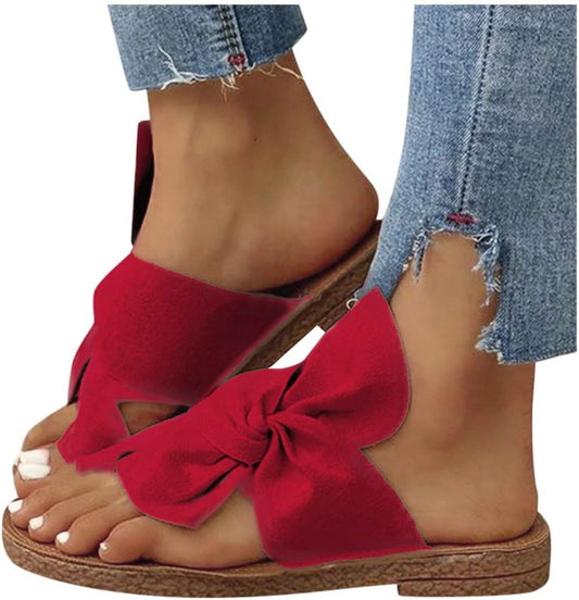 Sandals for Women Casual Summer Bowknot Open Toe Sandals Shoes Bohemian Outdoorslippers Sandals Flat Beach Sandals, Red, 7.5