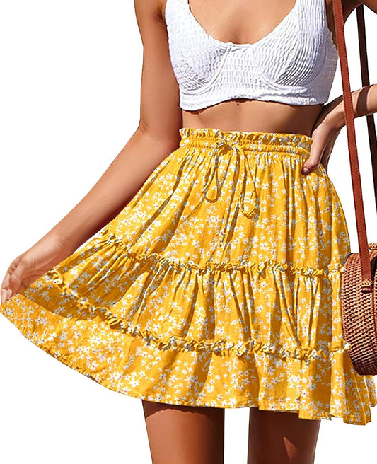 Women'S Summer Boho Floral Print Mini Skirt High Waist Drawstring Tiered Skirts