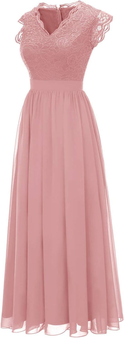 Women'S V Neck Sleeveless Lace Bridesmaid Dress Wedding Party Gown