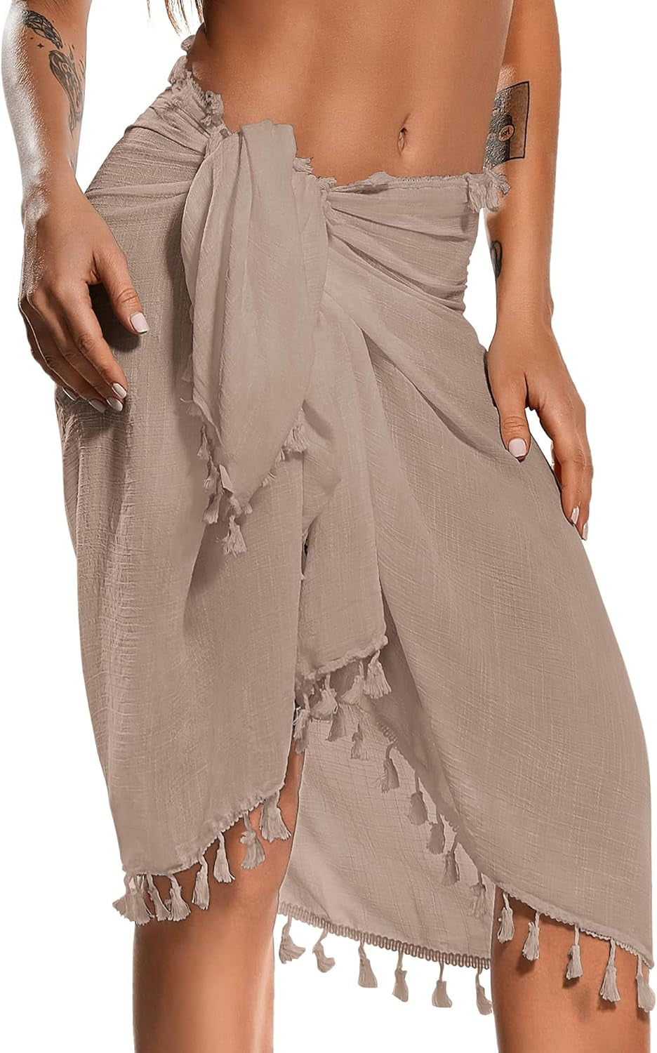 Beach Sarong Pareo Womens Semi-Sheer Swimwear Cover Ups Short Skirt with Tassels