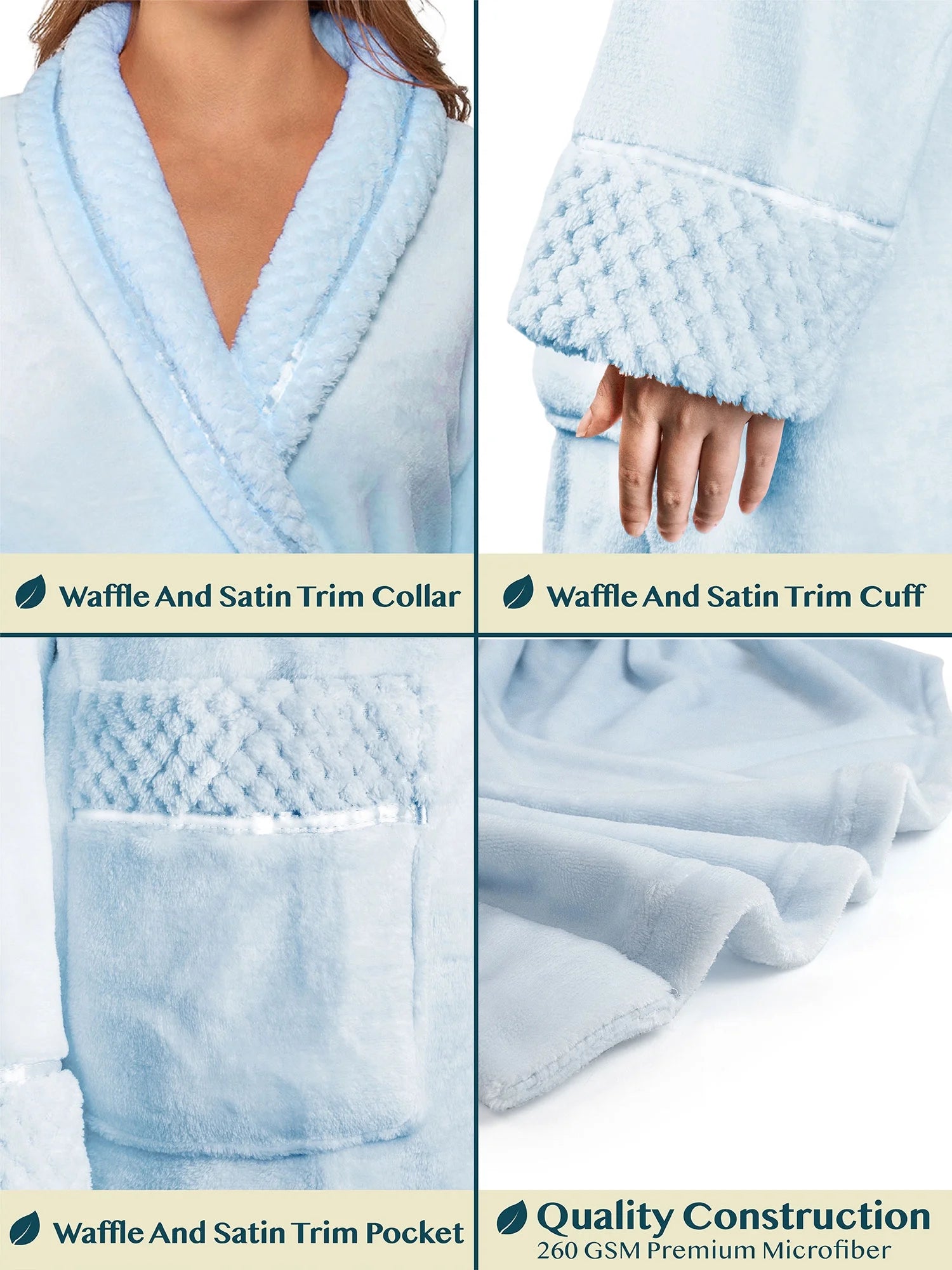 Soft Plush Women Fleece Robe, Light Blue Cozy Bathrobe, Female Long Spa Robe, Warm Housecoat, Satin Waffle Trim, S/M