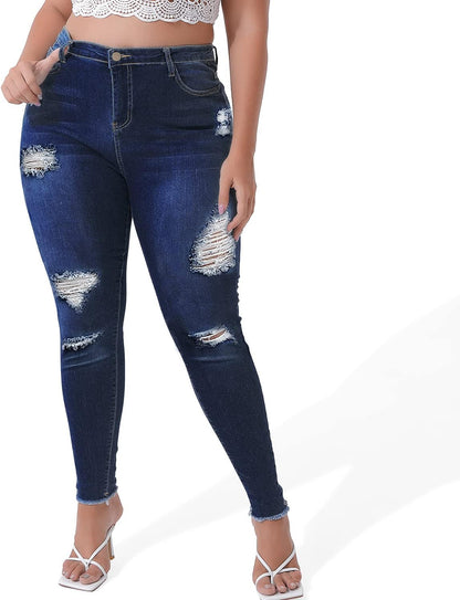 plus Jeans for Women Stretch plus Jeans Distressed Ripped Skinny Denim Stretch Slim Length Jeans Pants