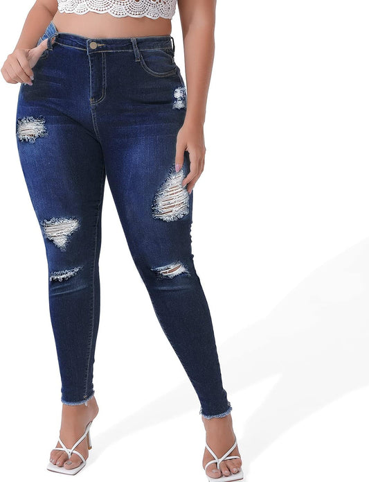 plus Jeans for Women Stretch plus Jeans Distressed Ripped Skinny Denim Stretch Slim Length Jeans Pants