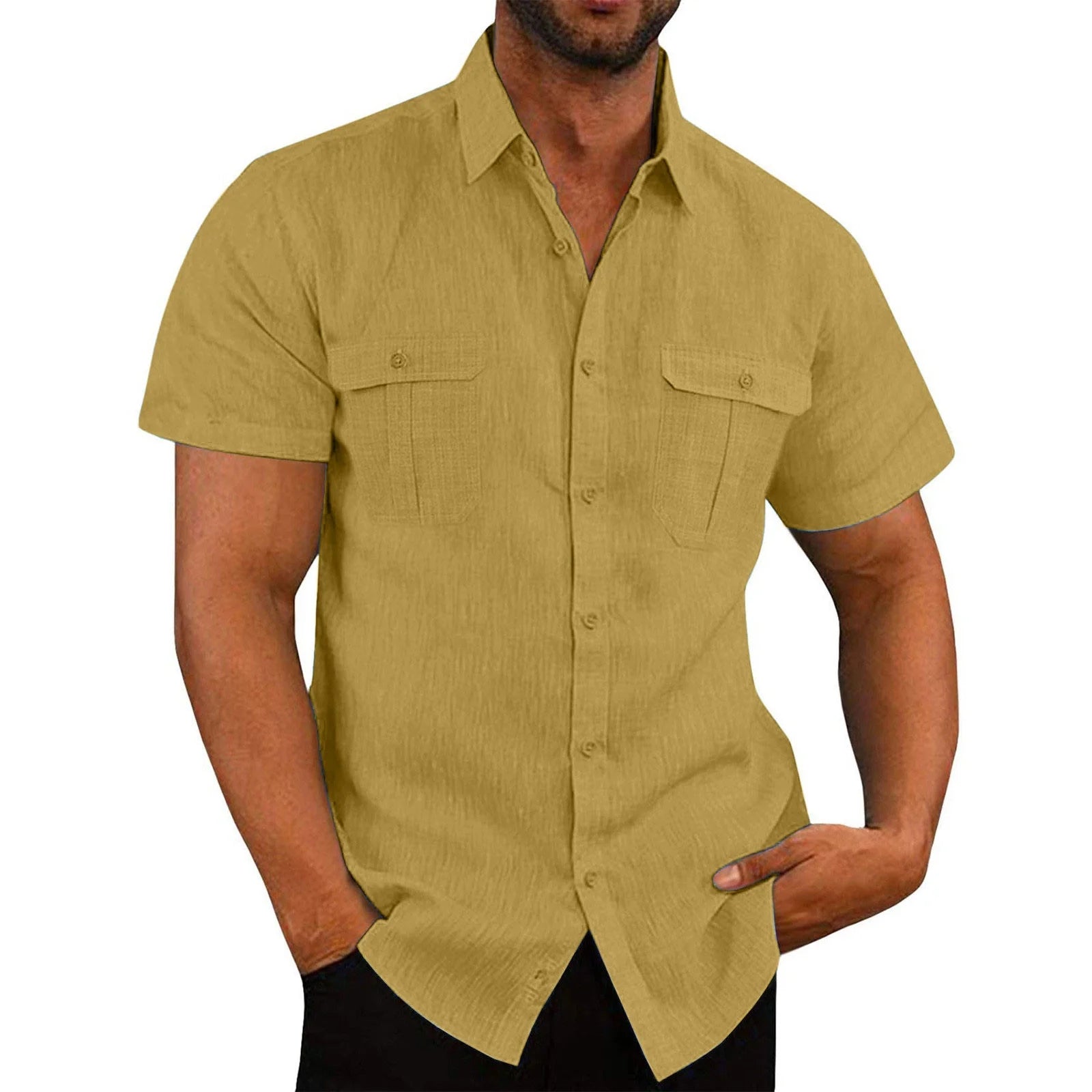 Mens Short Sleeve Classic Shirts Fishing Casual Regular-Fit Button-Up Collared Plaid Double Pocket Dress Shirt Top Tees Blouses Men Short Sleeve Shirts Button up Clearance Beach Wedding Shirt M-5XL
