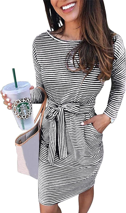 Women'S Fall Bodycon Party Dress Casual Long Sleeve Tie Waist Fitted Sheath Pencil Dresses with Pockets
