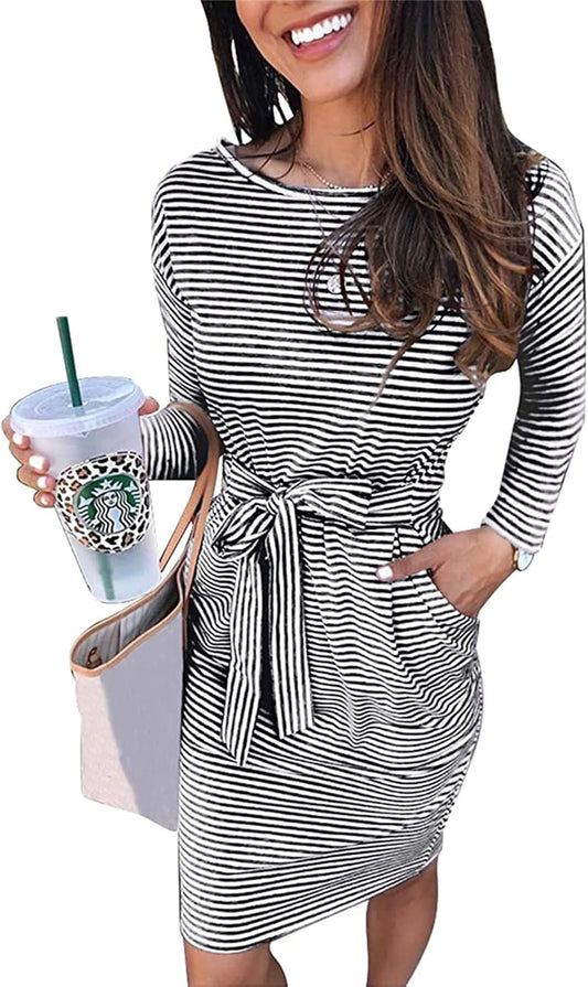 Women'S Fall Bodycon Party Dress Casual Long Sleeve Tie Waist Fitted Sheath Pencil Dresses with Pockets