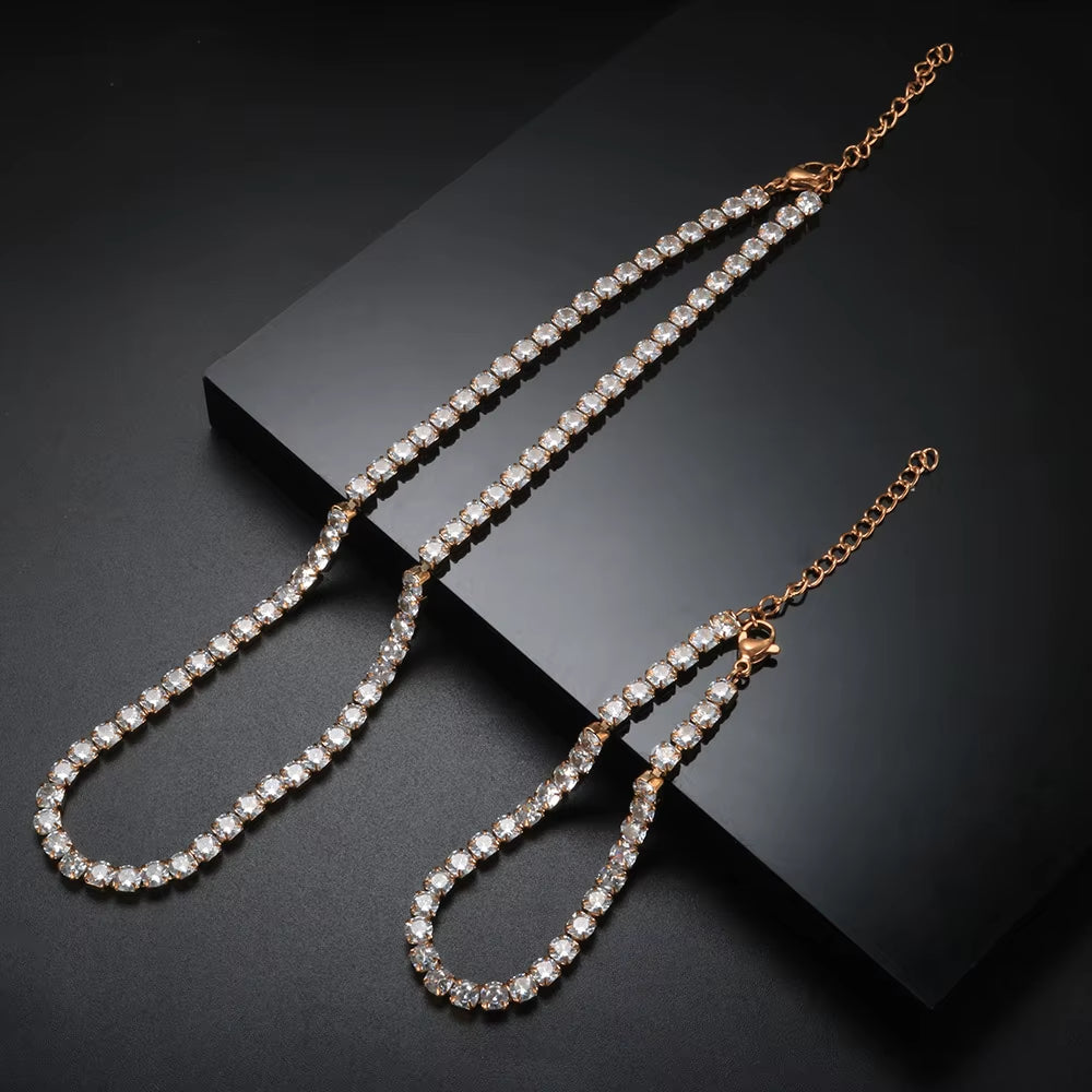 Fashion High Quality Stainless Steel Cubic Zirconia Collar Necklace Rhinestone Bracelet Woman Trendy Jewelry Set Gift Wholesale
