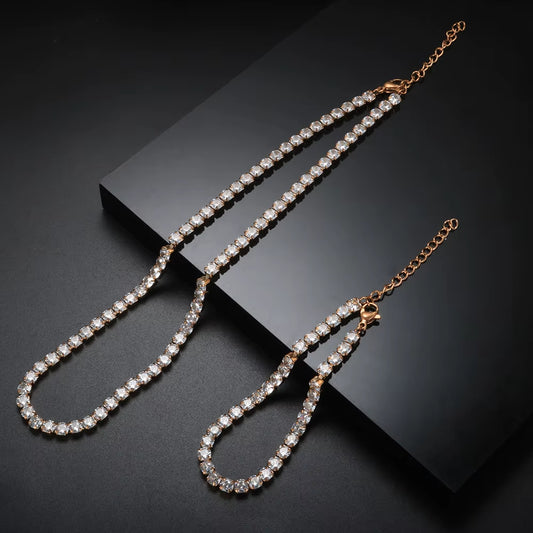 Fashion High Quality Stainless Steel Cubic Zirconia Collar Necklace Rhinestone Bracelet Woman Trendy Jewelry Set Gift Wholesale