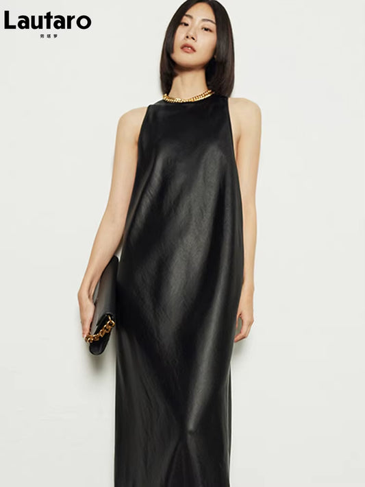 Spring Black Extra Long Faux Leather Tank Dress Autumn Elegant Stylish Backless Maxi Dresses for Women Clothing 2021
