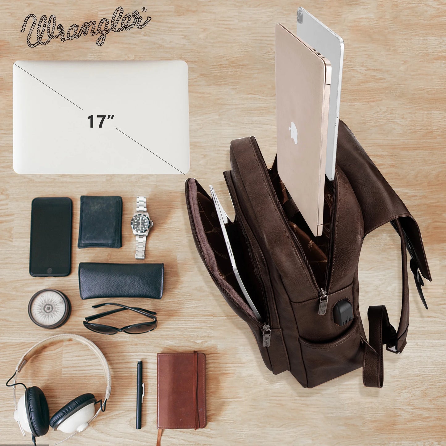 Wrangler Backpack Purse for Womens, Waterproof Vegan Leather Travel Backpacks Handbags for Man, Ladies Casual Shoulder Bags with USB Charging Port