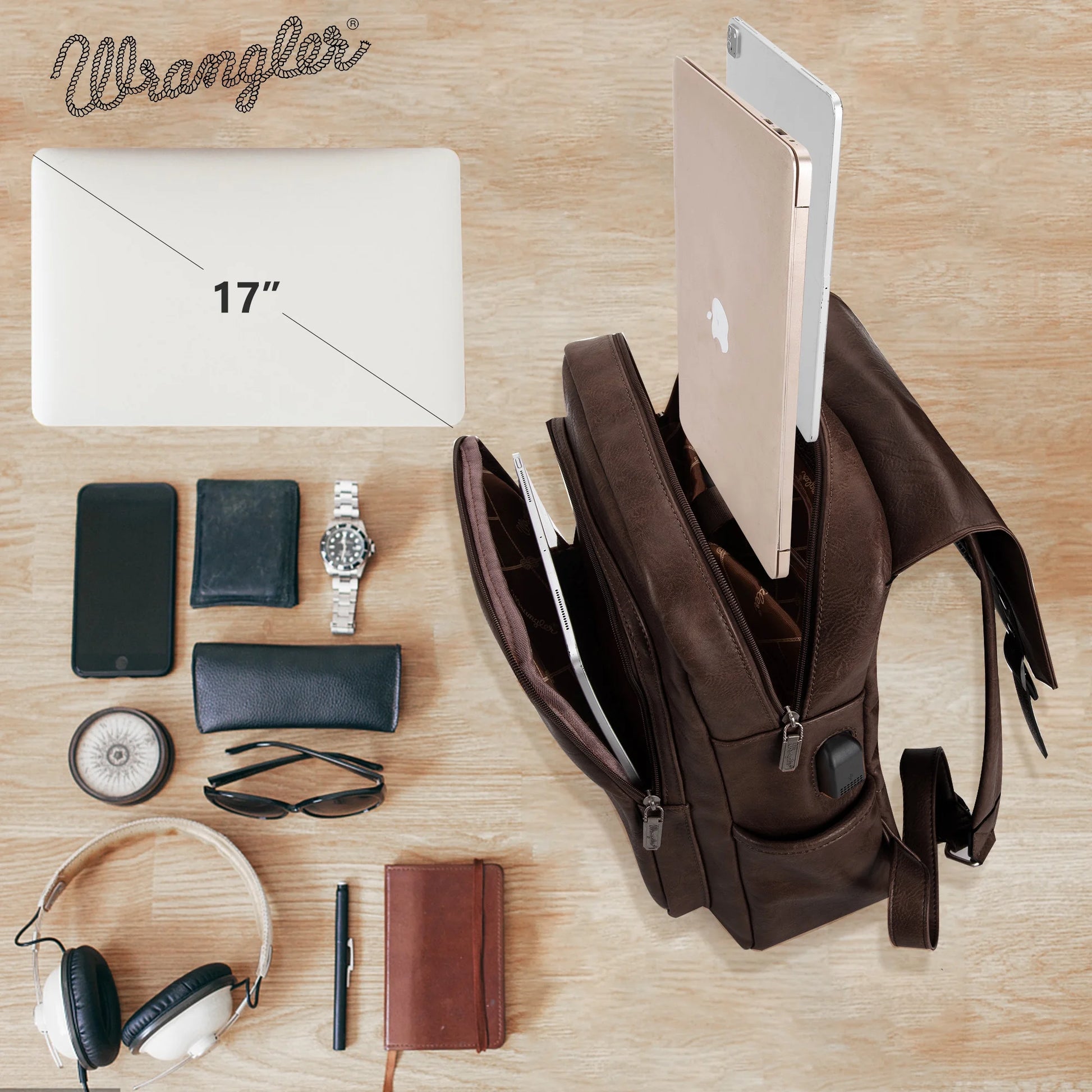 Wrangler Backpack Purse for Womens, Waterproof Vegan Leather Travel Backpacks Handbags for Man, Ladies Casual Shoulder Bags with USB Charging Port