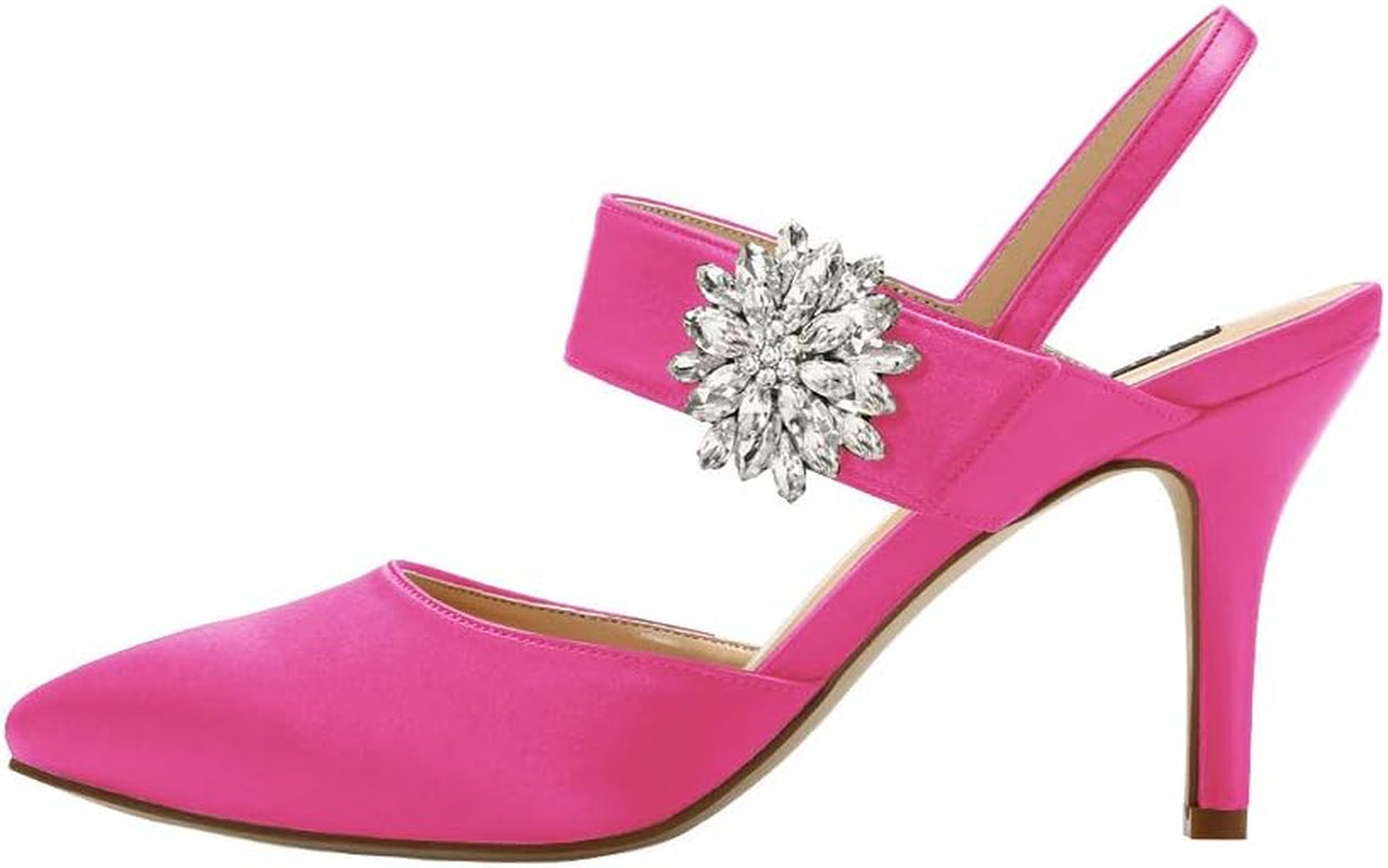 Mid Heel Shoes for Women Pointed Toe Slingback Rhinestone Brooch Satin Dress Pumps Evening Prom Wedding Shoes