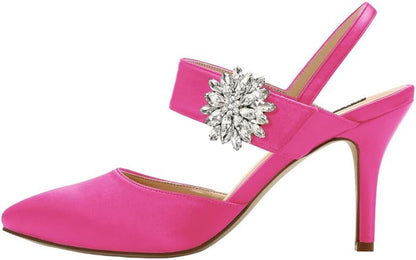 Mid Heel Shoes for Women Pointed Toe Slingback Rhinestone Brooch Satin Dress Pumps Evening Prom Wedding Shoes
