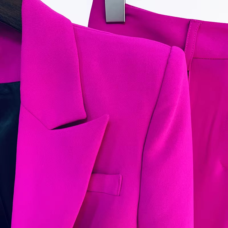 HIGH QUALITY Newest 2025 Runway Designer Suit Set Women'S Single Button Blazer Flare Pants Suit Fluorescent Purple
