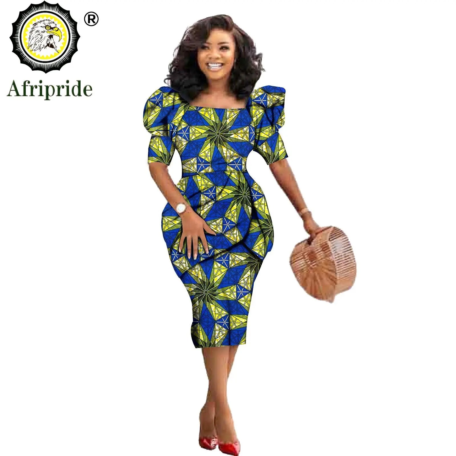African Ankara Dresses for Women Dashiki Dress Bodycon Dress Print Wax Batik Short Sleeve Party Midi Dress for Lady S2025060