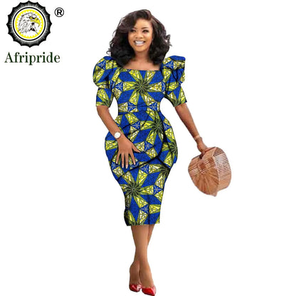 African Ankara Dresses for Women Dashiki Dress Bodycon Dress Print Wax Batik Short Sleeve Party Midi Dress for Lady S2025060
