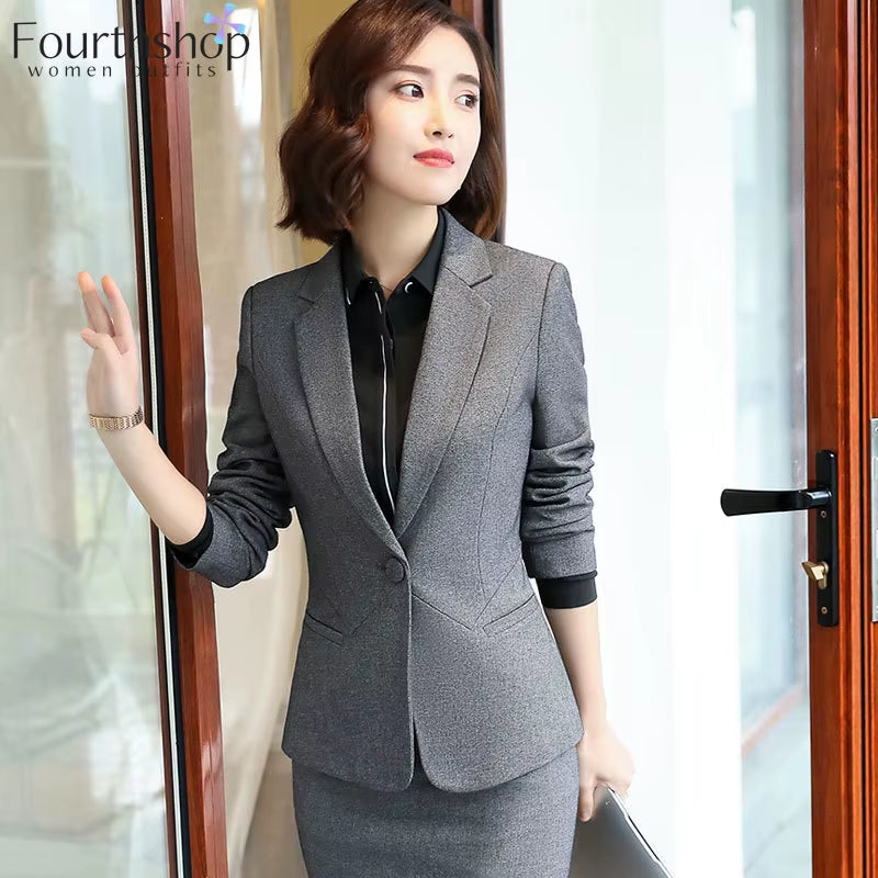 Two Piece Set Women Business Suits Black and Grey Elegant Office Lady Work Formal Pants Suits Female Autumn Winter Clothes 2023
